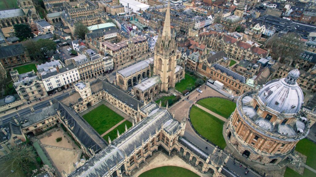 Aerial view of Oxford, UK, blending historic charm with the possibility of car recovery scenes in motion