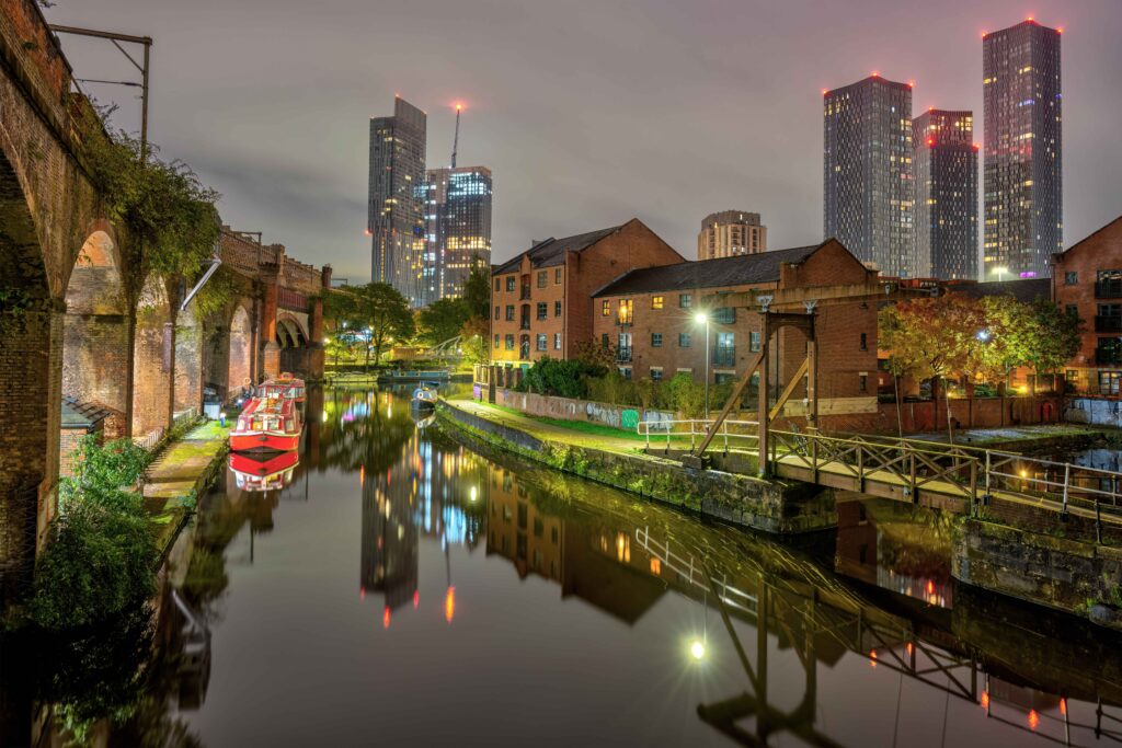Castlefield area in Manchester, urban charm with potential car recovery scenes, showcasing a blend of history and modernity